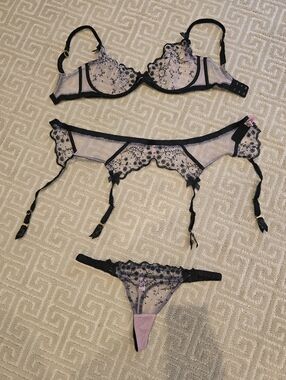 Agent Provocateur Black and Light Pink Embroidered Lingerie Set, 32E, M, M.
